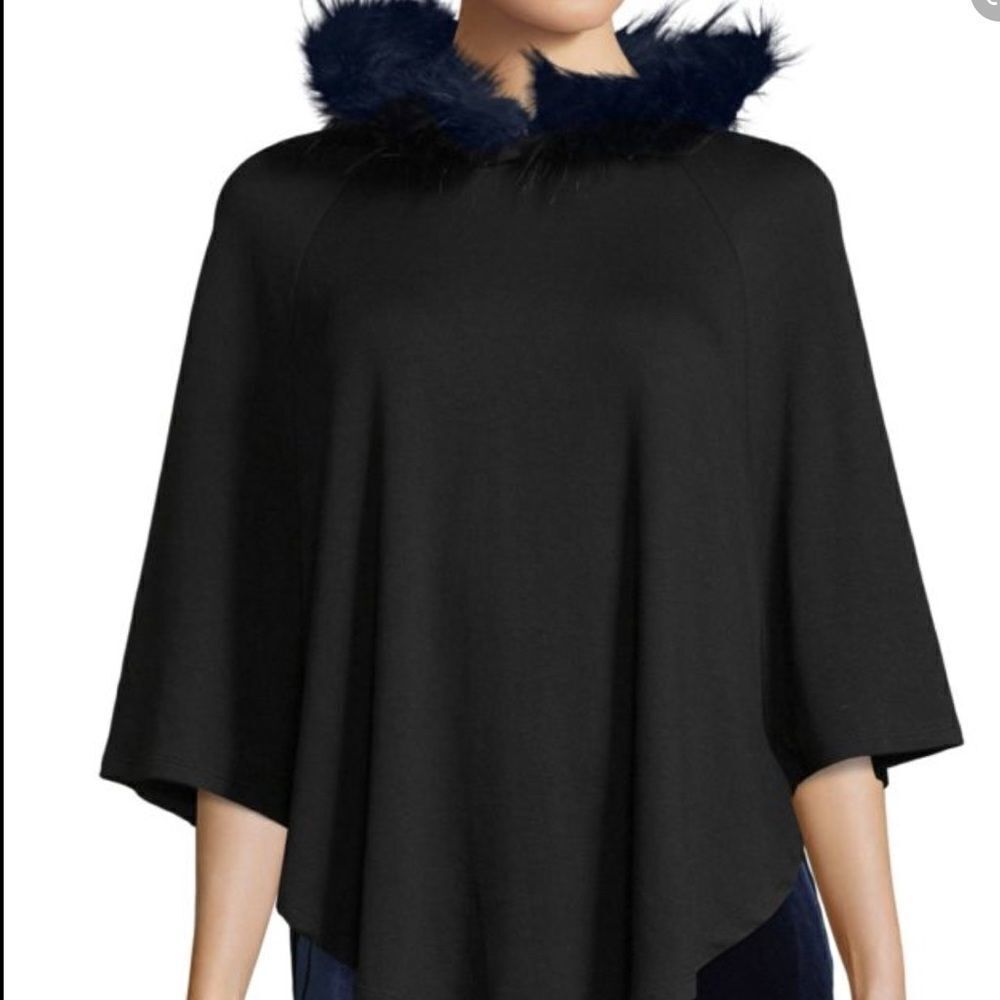 Black Elie Tahari Sport Brelia Blue Faux Fur Trim Hood Cape New With Tag Size M